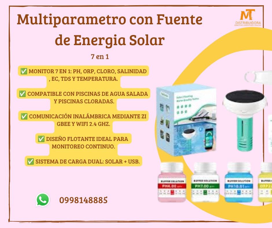 Multiparametro 7 en 1 con conexion solar  pH, cloro libre, salinidad, ORP, EC, TDS y temperatura en timepo real 