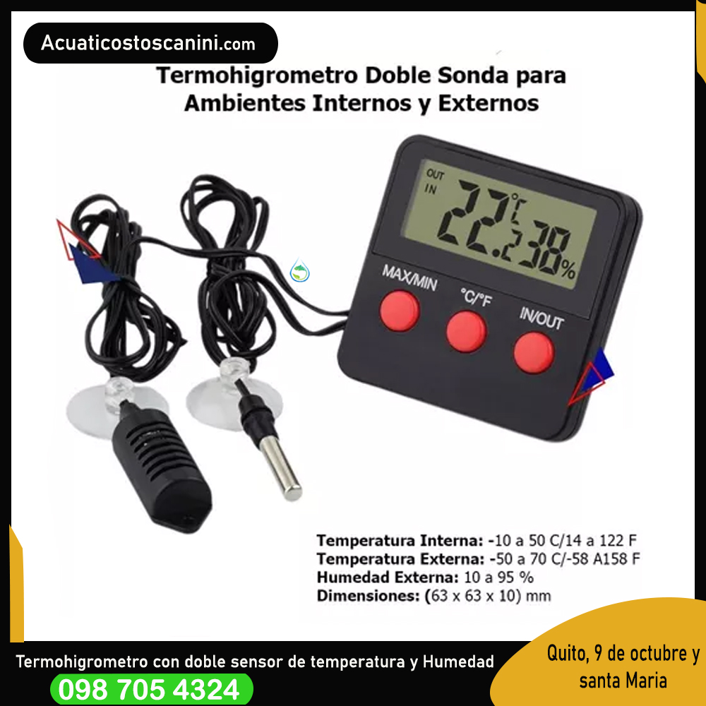 Termohigrómetro Digital Doble Sonda para Incubadoras Terrarios Ambiente Invernadero